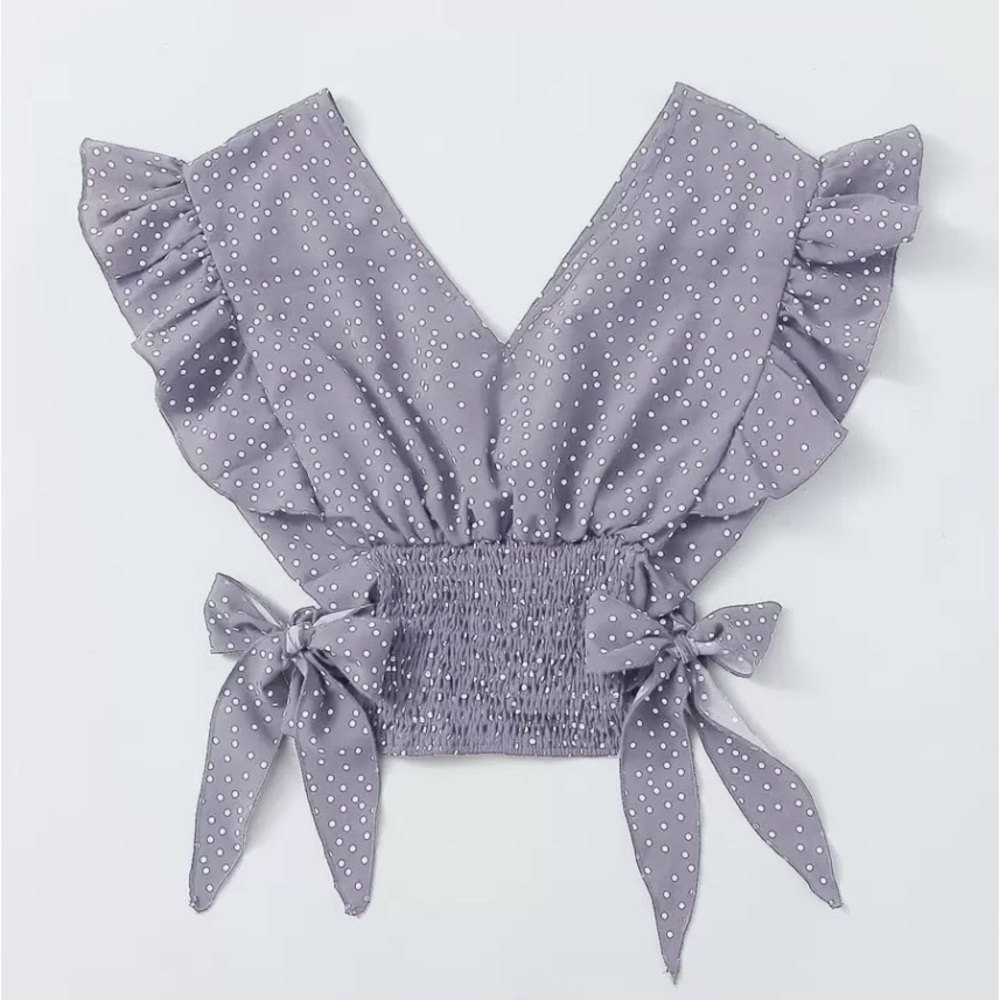 Plus Ruffle Trim Knot Side Polka Dot Blouse